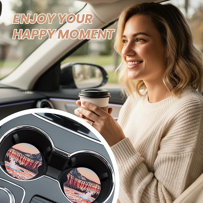 2 Pack Car Coasters for Cup Holders, Absorbent Ceramic Stone Cup Coaster with Non-slip Cork Base and Finger Notch, Yellowstone Volcano Landscape Auto Interior Accessories,Universal Fit 2.59 In