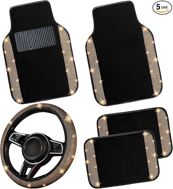 NBTEPEM Bling Car Floor Mats Full Set and Steering Wheel Cover, Universal Fit Most Cars, 4 pcs Sparkle Glitter Diamond Carpet, 5 pcs Bling Car Accessories Set for Women (Champagne Diamond)