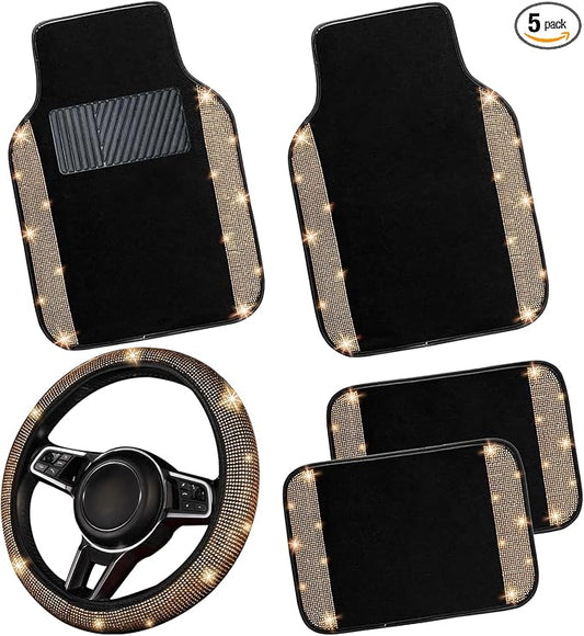 NBTEPEM Bling Car Floor Mats Full Set and Steering Wheel Cover, Universal Fit Most Cars, 4 pcs Sparkle Glitter Diamond Carpet, 5 pcs Bling Car Accessories Set for Women (Champagne Diamond)