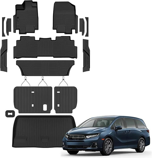 Auxko All Weather Floor Mats Cargo Mat with Backrest Mat & Door Sill Protectors for Honda Odyssey 2018-2025 2026 TPE Liners Accessories Guard Odorless Anti-Slip Floor Liners Trunk Tray