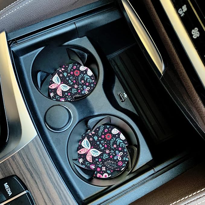 Butterfly Small 2.56" Absorbent Car Coasters 2 Pack, Auto Coasters for Cup Holders, Ceramic Car Accessories Absorb Spills to Keep Cupholders Clean