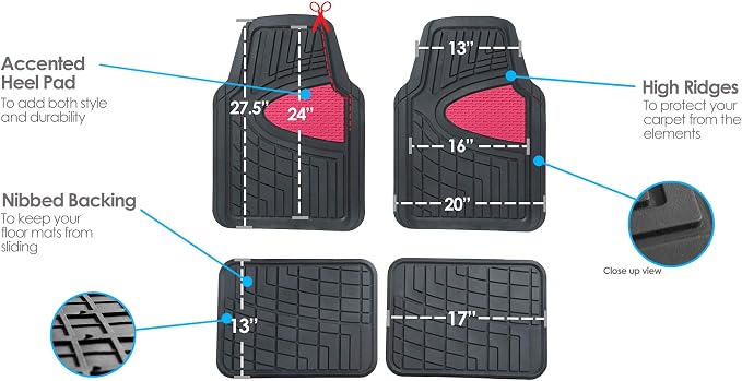 FH Group Automotive Floor Mats - Heavy-Duty Rubber Floor Mats for Cars, Universal Fit Full Set, Climaproof Floor Mats, Trimmable Floor Mats for Most Sedan, SUV, Truck Floor Mats Pink