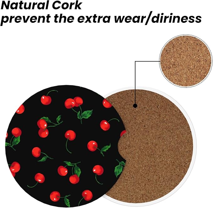 Cherry Watercolor Car Cup Holder Coasters 2 Pack 2.63" for Women | Pattern Universal Anti Slip Ceramic Absorbent Coaster with Cork Base and Finger Notch Cute Car Accessories Interior