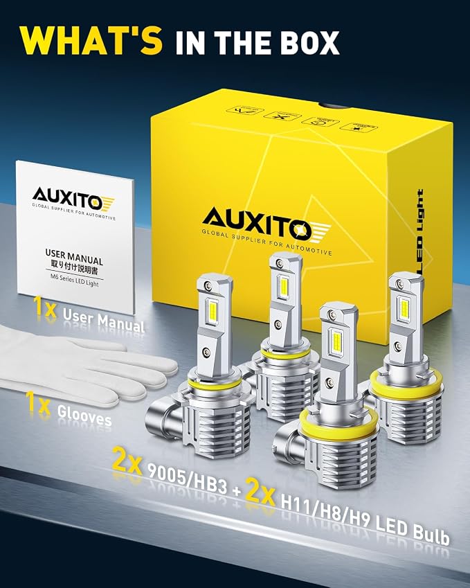 AUXITO 9005 and H11 Light Bulbs, 60000LM 6500K White 2000% Brighter, 9005/HB3/HB3u & H11/H9/H8 Fog Light Replacement, Pack of 4