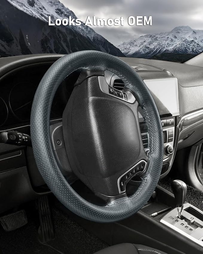 Belinous Perforated Leather Car Steering Wheel Cover (Size M3, Gray) | Stitch On Wrap, Universal fit 13-20 Inch, Whole Piece of Cowhide, DIY w/Needle Thread, Breathable Anti-Slip Design