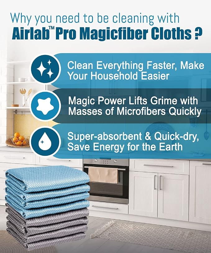 Airlab Glass Polishing Streak Free Miracle Cleaning Cloth, Grey & Blue | Lint Free Microfiber Cleaning Rags for Glasses Kitchen Dish Mirrors Easy Clean, 16 x 12 Inches, Pack of 8