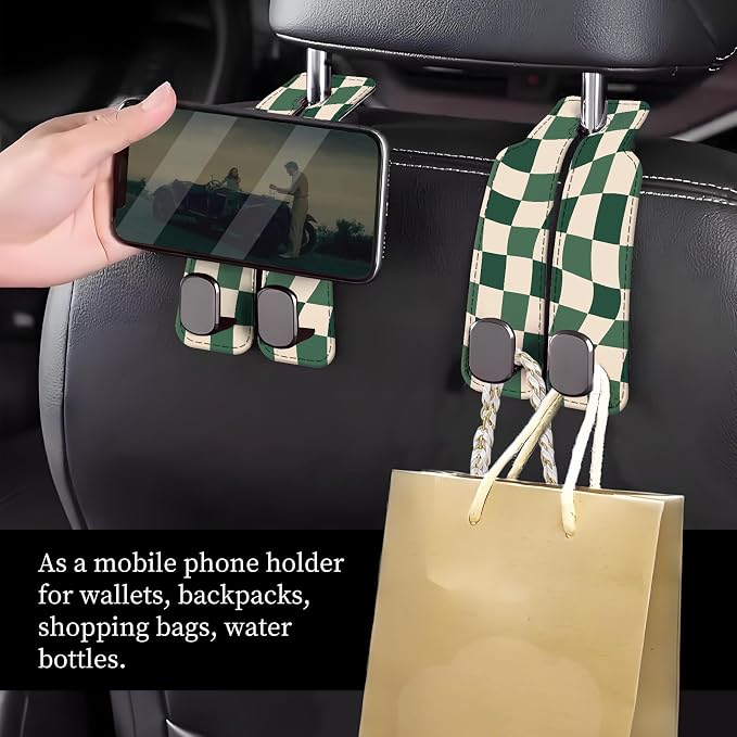 Car Seat Headrest Hook, Universal Leather Cute Hanger Holder Hook, Storage Organizer Interior Accessories for Purse Bags Handbag Luxury Green Plaid