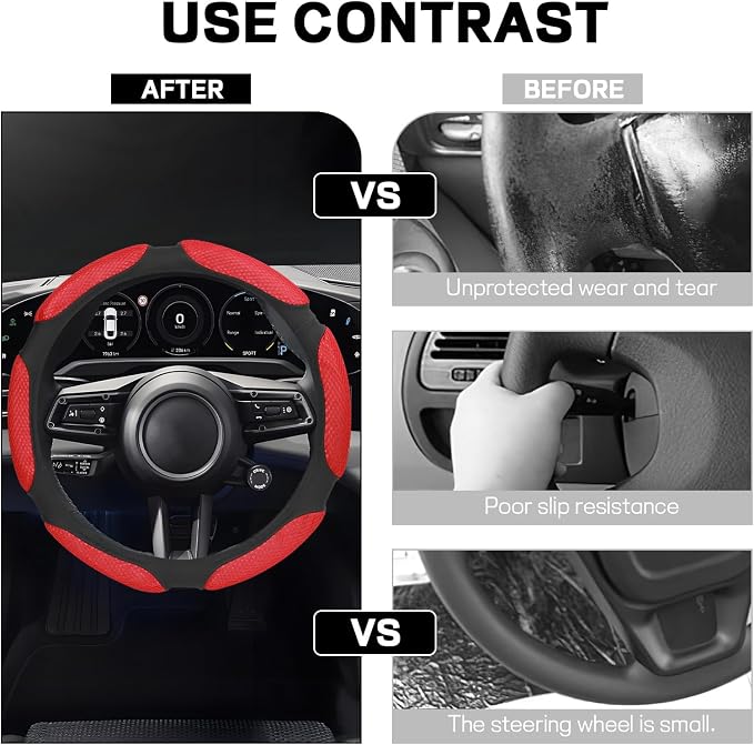 Wuyaoyao Car Steering Wheel Cover, 15 Inch PU Leather Anti-Slip Steering Wheel Covers Protector with Soft Hand Pad Cushion, Breathable & Comfortable, Universal Interior Car Accessories (Red)