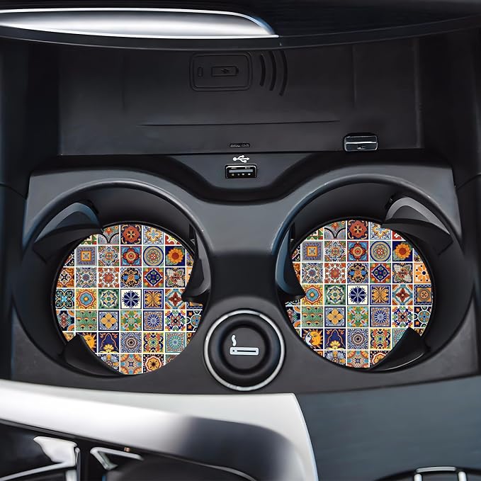 Car Cup Holder Coasters, 2 Pack – 2.75" Universal Auto Anti-Slip Insert Coaster, Rubber Car Coasters, Personalized Car Accessories for Women & Men (Mexican Tiles)