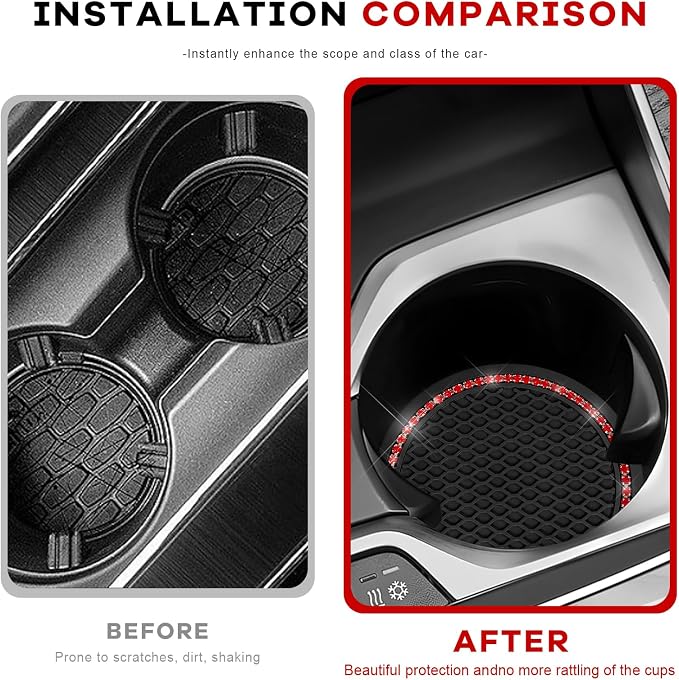 2PCS Bling Car Cup Coaster, 2.69 Inch Anti-Slip Auto Cup Holder Drink Mat w/Crystal Rhinestones, Universal Shiny Diamond Vehicle Insert Coasters Cups Mats for Women (Black & Red)