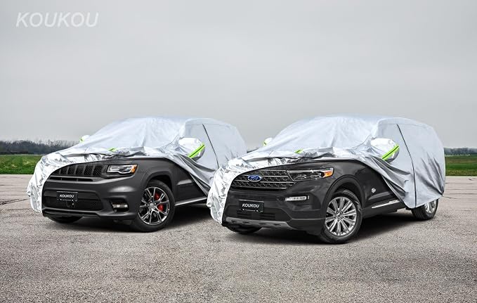 Koukou SUV Car Cover 100% Waterproof All Weather for Automobiles with Zipper Door, Universal Fit Ford Explorer, Jeep Grand Cherokee, BMW X5, Highlander, Etc.(190 to 201 inches)