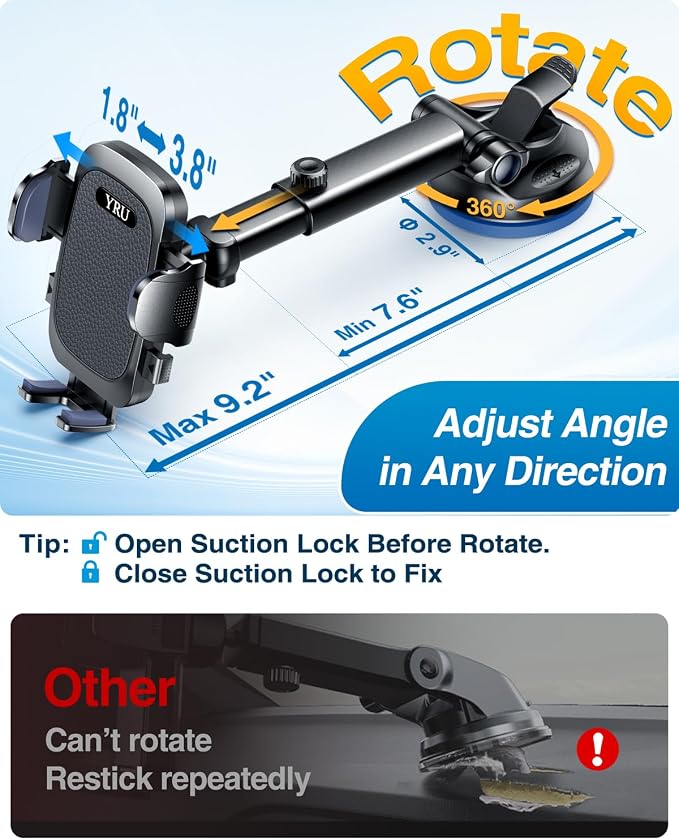 YRU True Military-Grade [360° Rotation Suction] 2026 Ultimate Car Phone Holder Mount【90+LBS Safest Strongest & Patent Certs】 Dash Windshield for iPhone 17 16 Pro Max Speakerphones, Matt Black