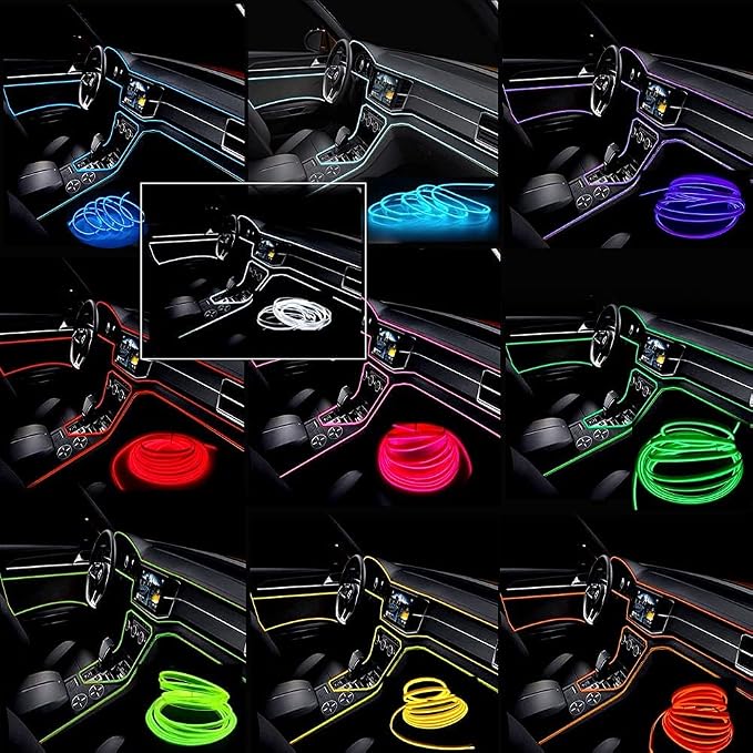 El Wire Blue Interior Car LED Strip Lights, 3M Neon Wire USB 5V with Fuse Protection for Automotive Interior Decoration, with 6mm Sewing Edge