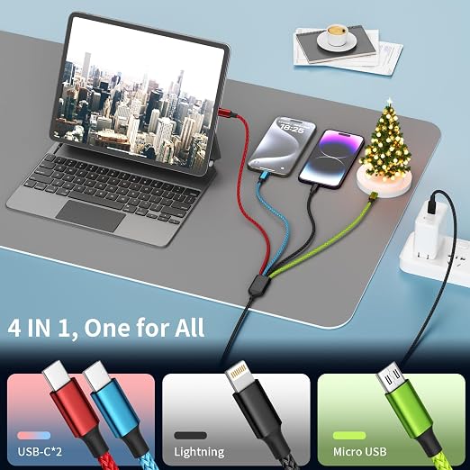 USB C Multi Charging Cable, 4 in 1 Charging Cords with Dual USB C Ports | USB C Input with IP, Dual USB C & Micro Ports, Nylon Braided Phone Charger for Multiple Devices, Travel Essentials