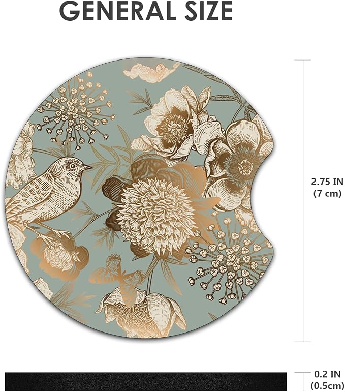 2 Pack Car Coasters，2.75-inch Neoprene Non-Slip Cup Holder Coasters for Car，Cute Car Interior Accessories for Men and Women，Golden Flower