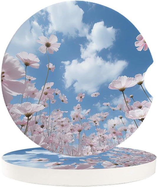 Small Car Coasters for Cup Holders 2.6" Dia Absorbent Coasters Set of 2 Car Interior Accessories for Women Men Ceramic Car Coaster for Drinks with Finger Grooves,Blue Sky Clouds Pink Flowers