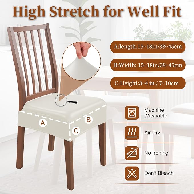 Waterproof Dining Chair Seat Covers Leather Kitchen Seat Covers, Stain Resistant Stretch Chair Seat Covers for Dining Room Chairs Set of 6, Rear Covered Washable Dining Chair Covers Cream