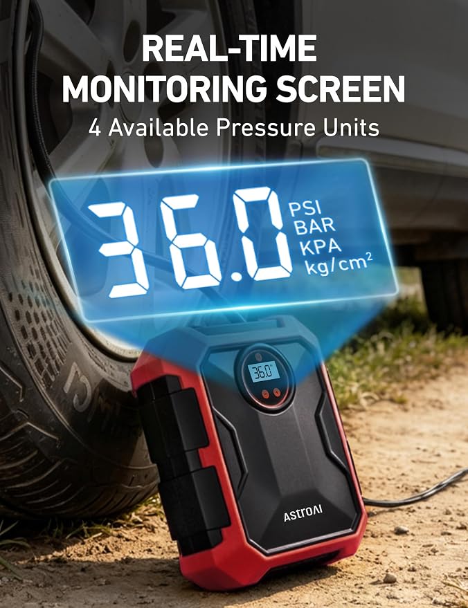 AstroAI Tire Inflator Portable Air Compressor 12V DC 100PSI, Integrated Storage, Digital Gauge, Auto Shut-Off Fast Inflation LED Light, Air Pump for Car Tires Bike Motorcycle Other Inflatables, Red