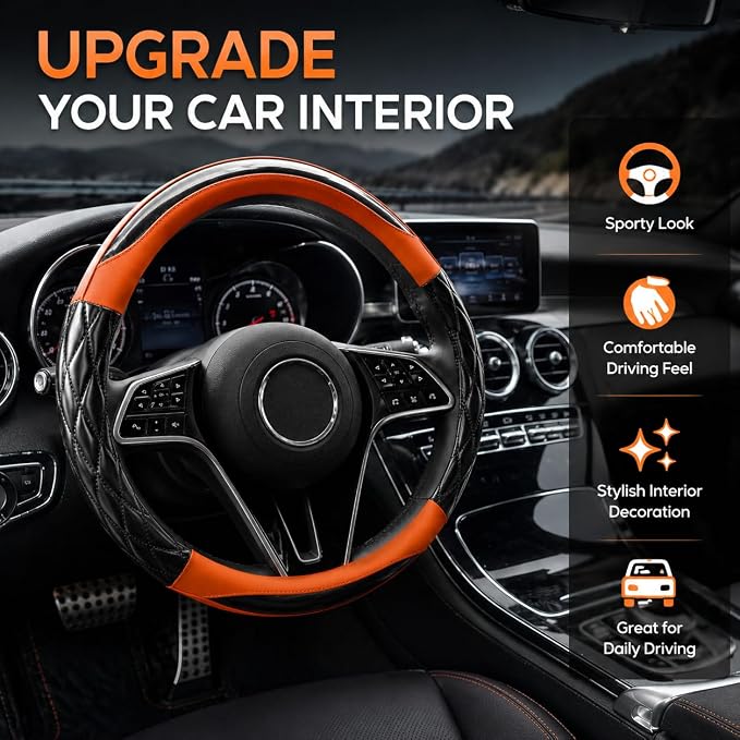 Couslcd 14.5-15 Inch Leather Steering Wheel Cover with Soft Padded Lining, Anti-Slip Comfort Grip, Universal Steering Wheel Protector for Most Cars, SUVs, Trucks (Orange)