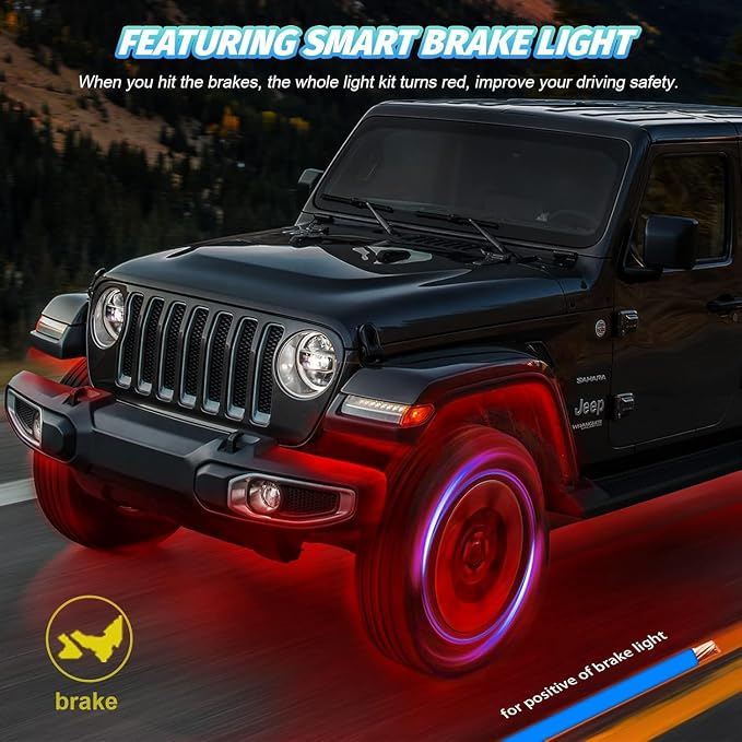24 Pods RGB LED Rock Lights for Semi Trucks Offroad Pickup Trailer Sedan Boat, 12V Waterproof Dual Zone APP/RF Control Music Mode Brake Light Red Green Blue Underglow Neon Kit with Extension Wires