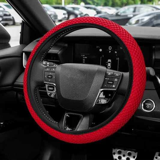Elastic Stretch Steering Wheel Cover, Steering Wheel Protector, 15 Inch Anti-Slip Breathable Microfiber Ice Silk Protection, Easy Carry, Warm in Winter & Cool in Summer for Cars (Red)