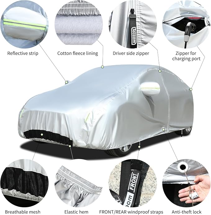 Tecoom Fit for Tesla Model Y Car Cover Waterproof All Weather, Model Y Cover Fit for 2020-2023 Tesla Model Y with Ventilated Mesh, Charge Port Opening, Fleece Lining, Trunk Opening, Zipper Door