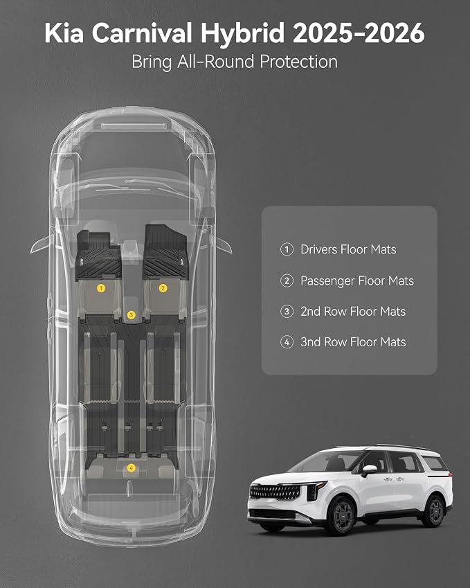 3W Floor Mats for Kia Carnival Hybrid 8 Seats 2025 2026(Not Fit Pure Fuel), Custom Fit All Weather TPE Fit Heavy Duty Floor Liner Accessories, Black