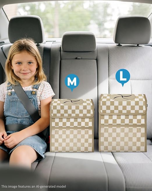 Corduroy Car Trash Can with Lid and Mesh Pockets - Leakproof Organizer,Multipurpose Waterproof Garbage Can/Trash Bin for Car(White Base with Khaki-2 Gallons)