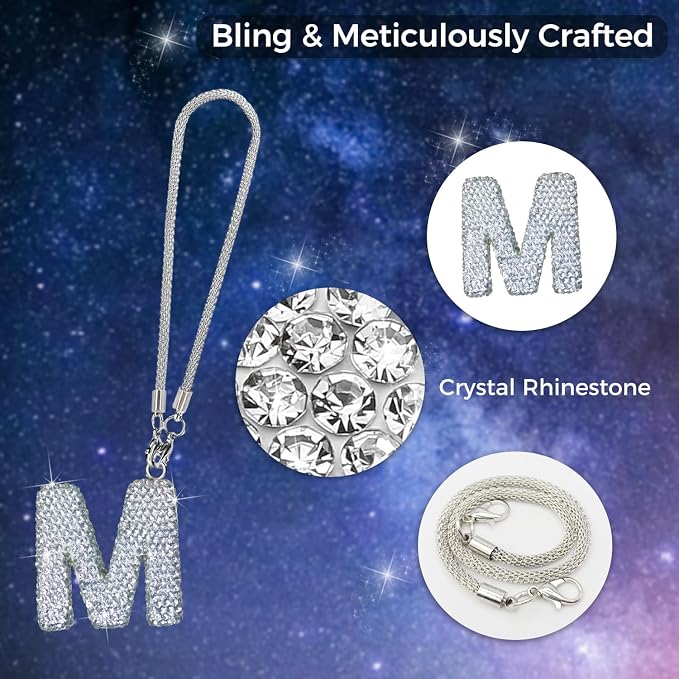 Bling Car Letter Charm, Rear View Mirror Ornament Cute Hanging Crystal Pendant Bling Car Accessories, Lucky Diamond Rhinestone Women Charm Auto Decoration (White M)