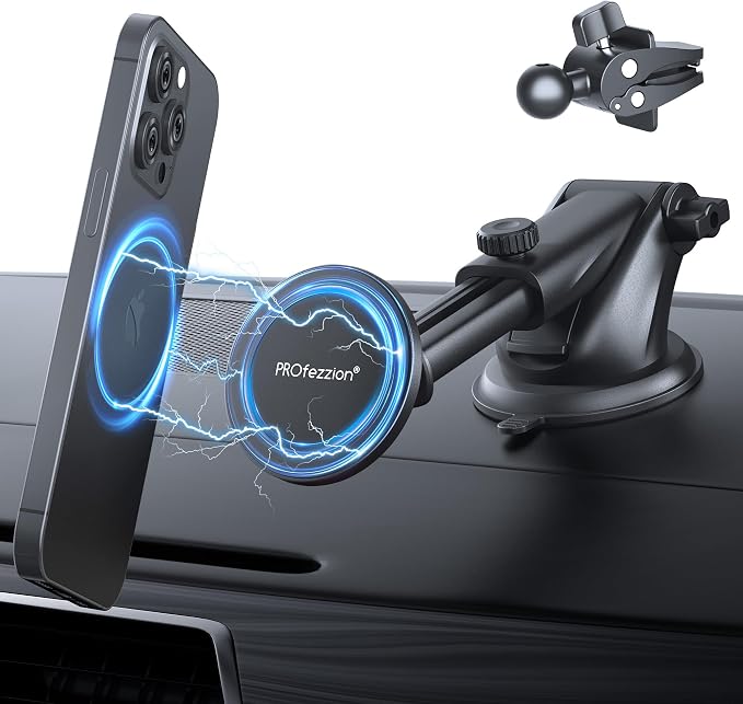 PROfezzion Car Windshield Magnetic Phone Mount Holder for MagSafe iPhones | Telescopic Arm, on Car Windshield Dash or Vent, Length & Angle Adjustment, for iPhone 17 16 15 14 13 Pro Max & All Phones