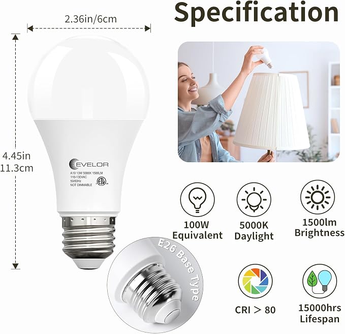 evelor 4-Packs A19 LED Light Bulbs,100 Watt Equivalent 5000K Daylight Bright Bulbs Efficient 13W,1500 Lumens E26 Base, Non-Dimmable, 15000-Hour Lifespan for Bedroom, Living Room, Office