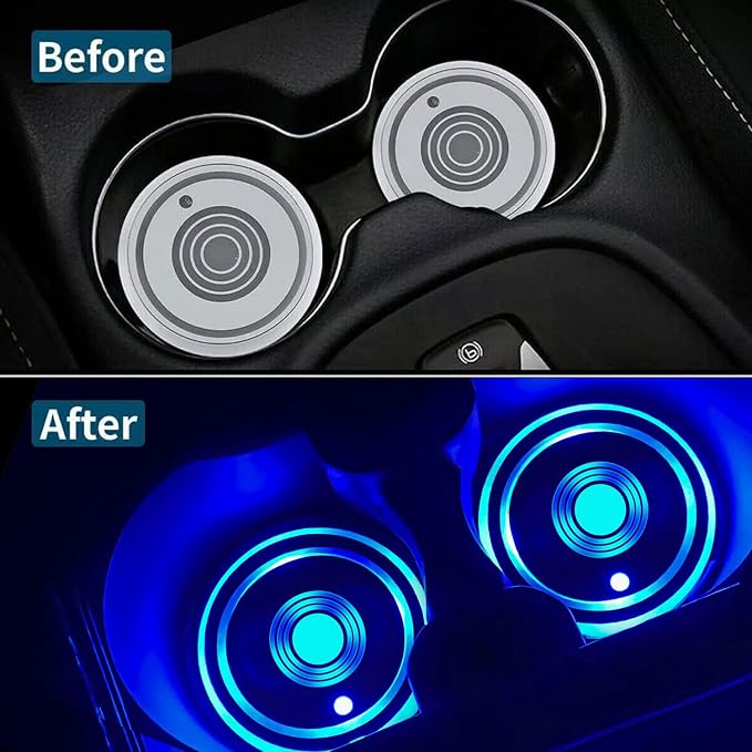 LED Car Cup Holder Lights, 7 Colors Changing USB Charging Mat Waterproof Cup Pad, LED Interior Atmosphere Lamp Decoration Light Inside Car Lighting Accessories (2pcs)