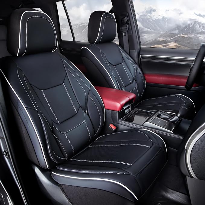 Coverland Custom Truck Car Seat Covers Front Seats for [2020-2026 Jeep Gladiator Crew Cab Split Bench Without Armrest] - Protector Water Resistant Leather [Front - Black with White Stitching]