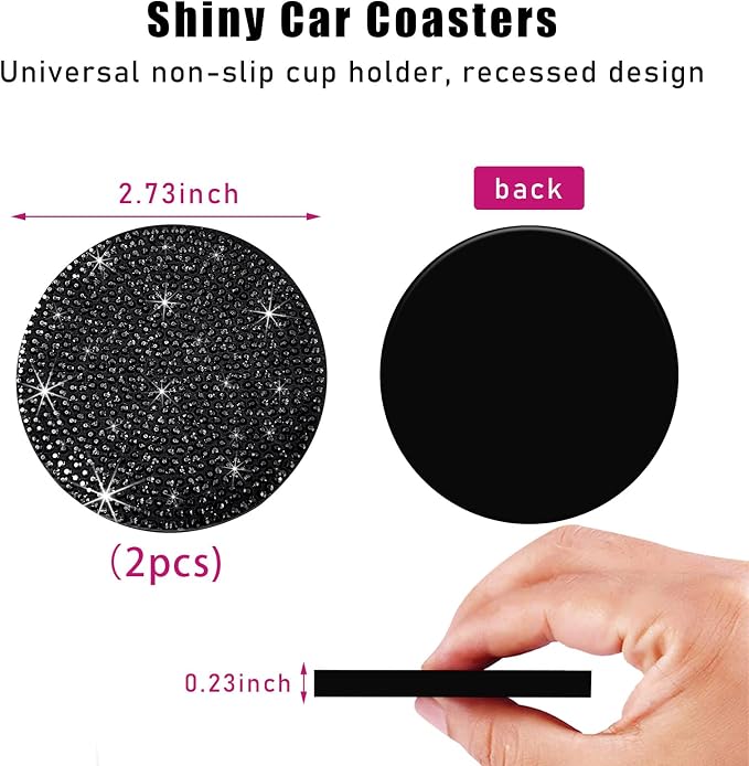 Ziciner 2PCS Bling Car Cup Holder Coaster, 2.73 Inch Anti-Slip Cup Insert Coasters, Crystal Rhinestone Auto Drink Cup Mat, Universal Interior Decor Car Accessories for Women Girls (Black)
