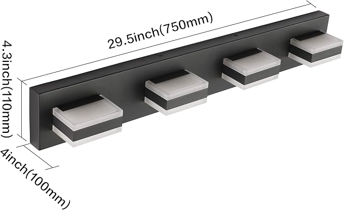 SOLFART Black Bathroom Light Fixtures 4 Lights Bathroom Vanity Light LED Dimmable Matt Black Vanity Lights 32W Cool White 6000K & 0%-100% Brightness Dimmable ETL Listed