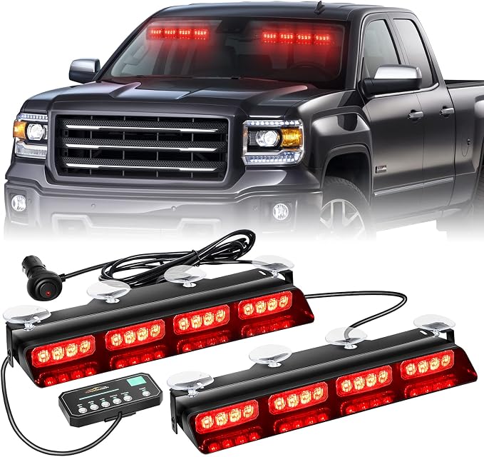 XRIDONSEN Emergency Dash Strobe Lights Front/Rear Windshield Lights | Interior Safety Flashing Warning Hazard w/ Suction Cups for Vehicles Trucks (2x14 inch, Red)