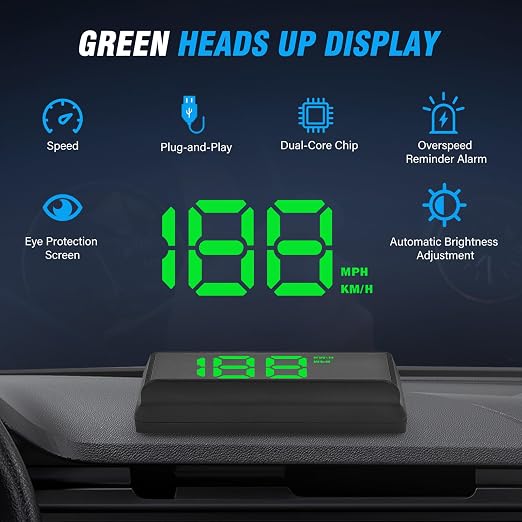 W2 Heads Up Display for Cars,Speedometer with Overspeed Alarm,Automatic Brightness Adjustment,Triple Over-Speed Alarm,LED Large Font,Built in Sun Visor,Plug & Play USB HUD Fit for All Vehicles(Green)
