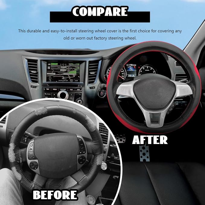Microfiber Leather Steering Wheel Cover, Breathable Steering Wheel Protector with Anti-Slip Inner Ring, Universal 14.5"-15" Car Wheel Cover Auto Interior Decor for Men Women (Red)