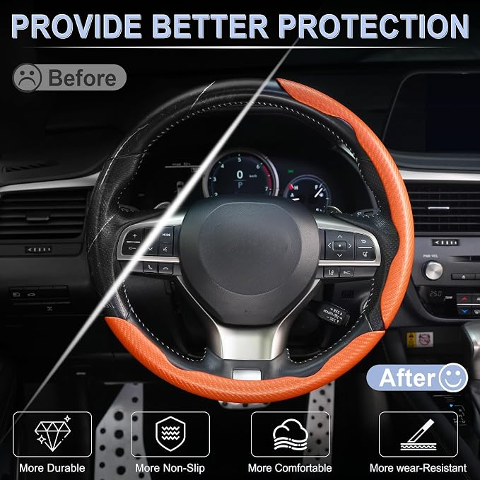 Amiss 3pcs Carbon Fiber Anti-Skid Steering Wheel Cover, Waterproof & Segmented Butterfly Design, Universal 99% Vehicle Wheel Cover Protector, Car Interior Accessories (Orange-3pcs)