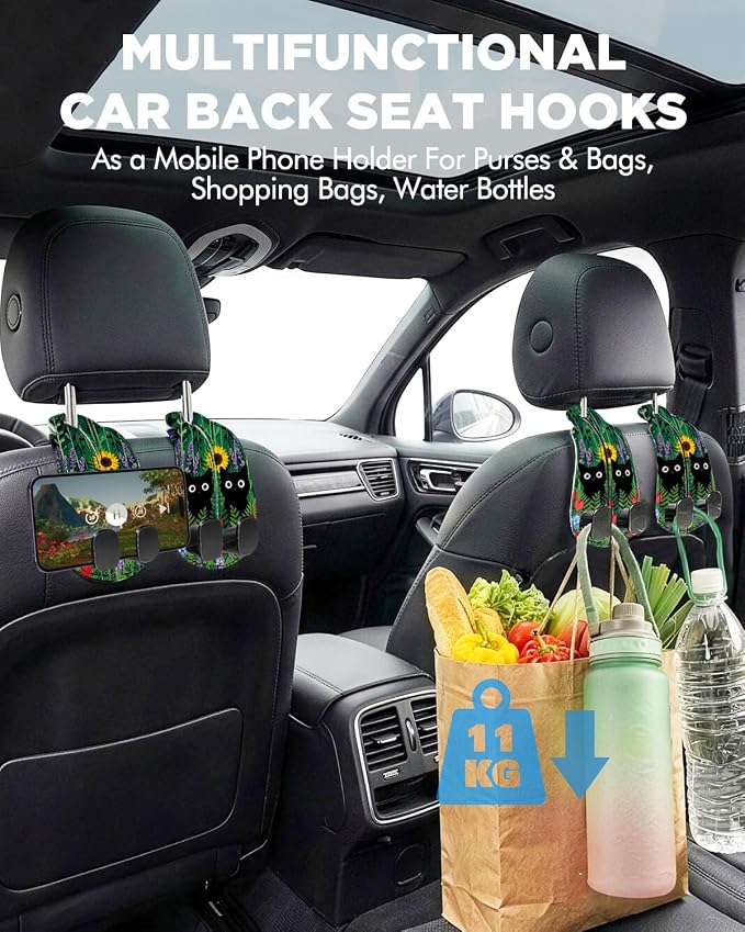 WOCOCN Purse Holder for Car, 2 Pack Heavy Duty Purse Hanger for Car, PU Leather Car Seat Hooks for Purses and Bags, Cute Cat Headrest Organizer for Handbags & Backpacks