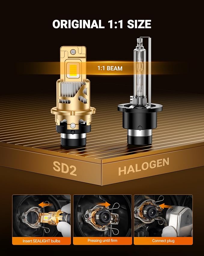 SEALIGHT D2S Bulbs, 45000 Lumens 6500K White Light Replacement 85122 66240 66040 66240CBI D2R Bulb, Plug and Play Cooling Fan Pack of 2