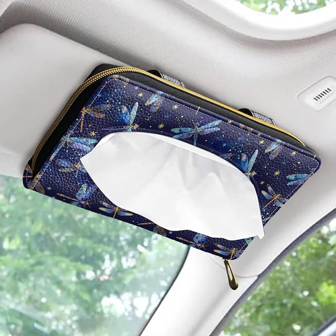 PU Leather Visor Tissue Holder Car Sun Visor Tissue Box Holder Dragonflies Leather Napkin Holder