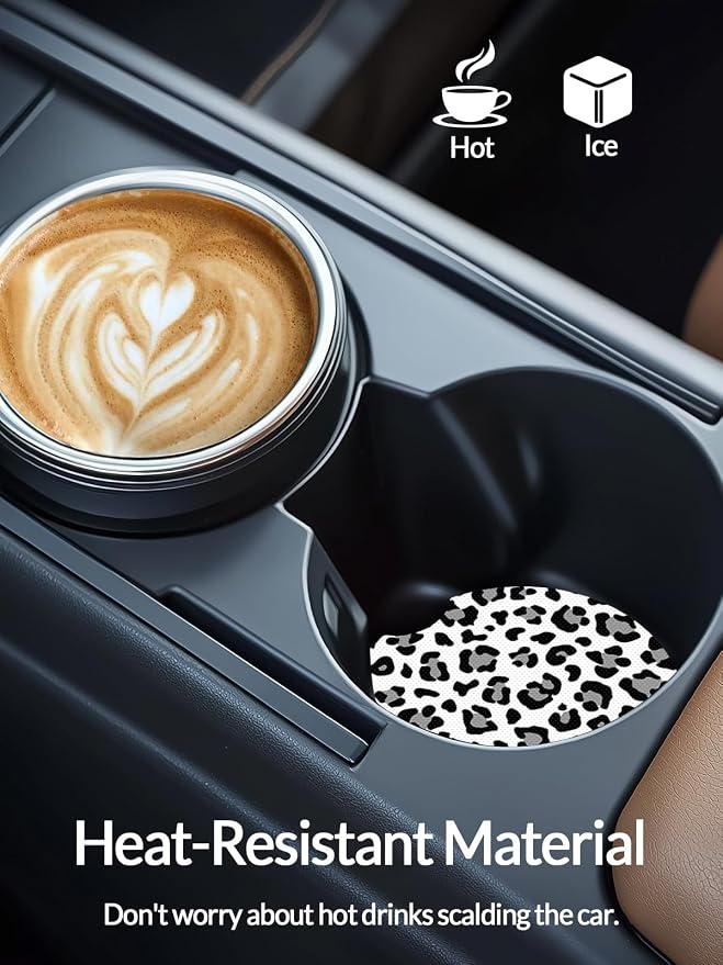 WOCOCN Cute Cup Holder Coasters for Car with Fingertip Grip, Auto Accessories for Women & Men,Pack of 2 (Snow Leopard)