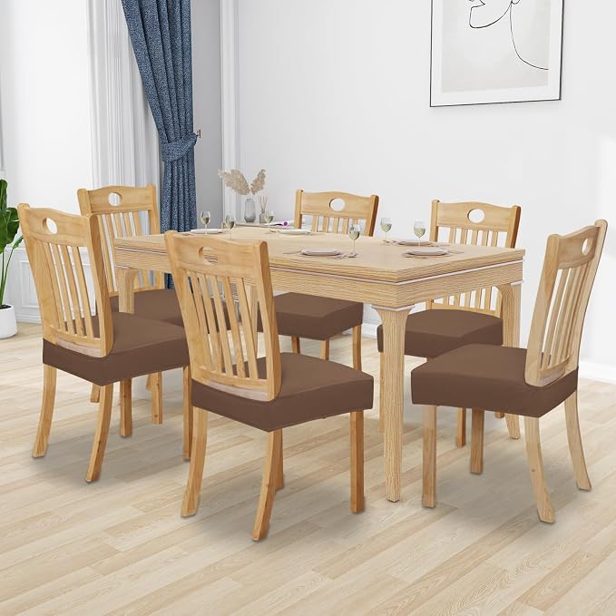Easy-Going 100% Waterproof Seat Covers for Dining Room Chairs Set of 6, Stretch Chair Seat Slipcovers Protector Removable and Washable Kitchen Dining Chair Covers, Brown