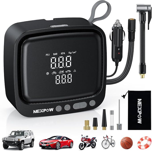 NEXPOW Tire Inflator Portable Air Compressor, 150PSI 12V DC, Gray | Dual Digital Pressure Gauge, Auto Shut-Off, LED Light, For Car, Motorcycle, Bicycle, Ball