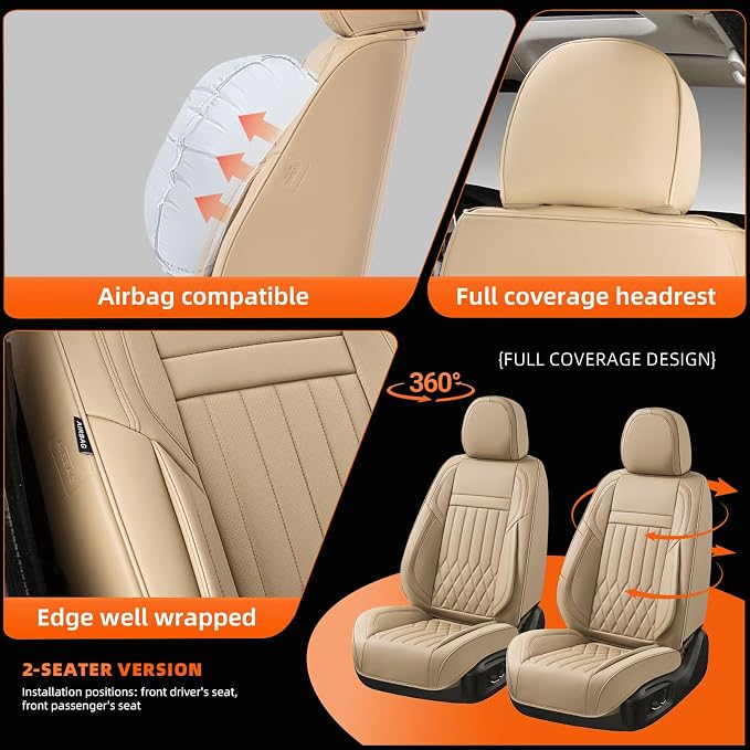 2-Seater Waterproof and Breathable Nappa Leather Car Seat Covers Full Set, Fit for Front Seats of Cars, Compatible with Airbags, Car Seat Protector Covers for Most Cars - Beige