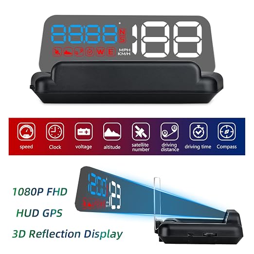 wiiyii Universal Car HUD Head Up Display T900, with Satellite Clock, Single Driving Time and Single Driving Distance, Work for All Vehicles