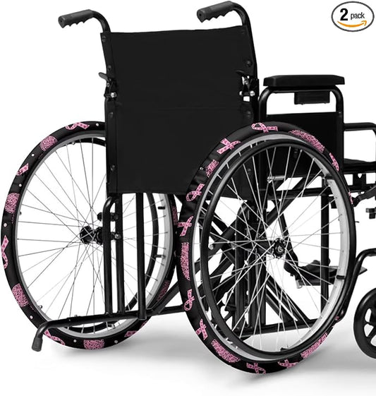 Wheelchair Wheel Covers 24 Inch 2 Pairs Breast Cancer Awareness | Heart Pink Ribbon, Made of Neoprene Outer with Anti-Slip Lining, Protects Floors, Wheelchair Gift for Seniors