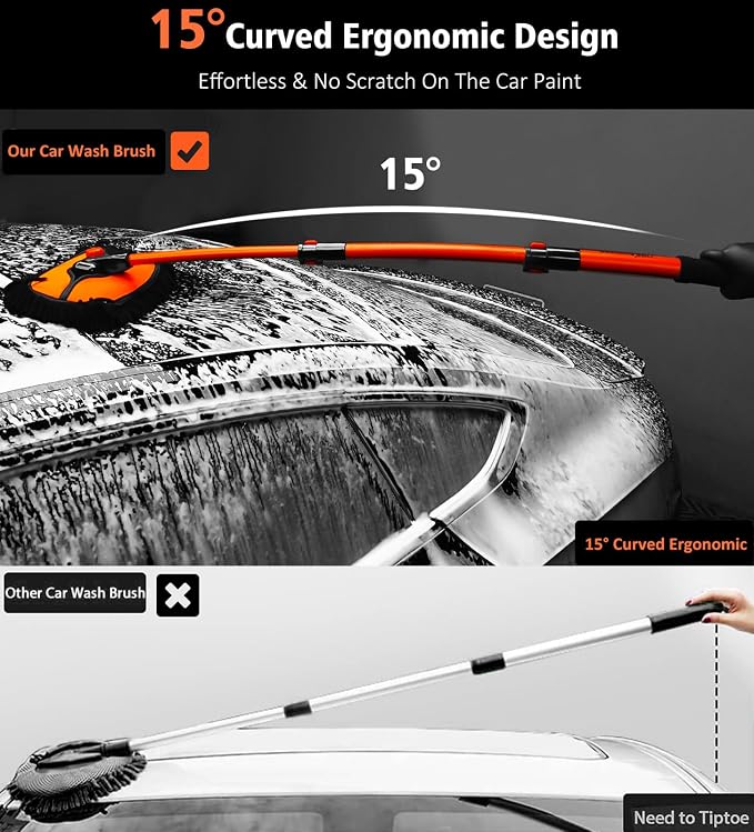 YeewayVeh 43" Car Wash Brush Mop, Extendable Long Handle, Orange | 15° Curved Soft Microfiber Mop for Truck & SUV Cleaning, Extra Mop Head, No Scratching