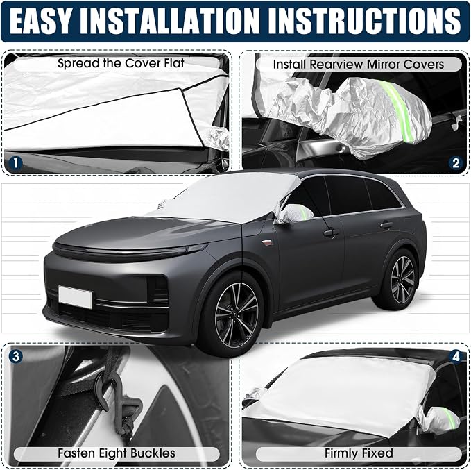 Canchiing Silver Car Half Car Cover Auto Sun Heat and UV Rays Blocker Foldable Automotive Front Windshield Sunshade Protector Easy Installation with Straps Fits Cars Sedan SUV(70" X 59",SUV)